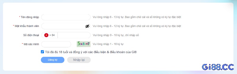 Giao diện đăng ký tại nhà cái Gi8