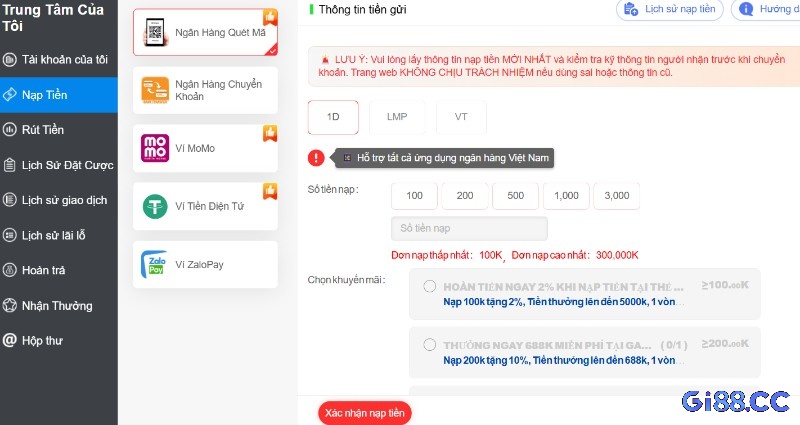 Bạn cần nạp tiền vào tài khoản để chơi xổ số Miền Trung tại Gi8
