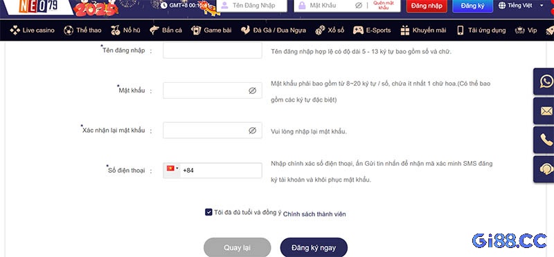 Bạn nhập các thông tin để thực hiện việc đăng ký NEO79 thành công