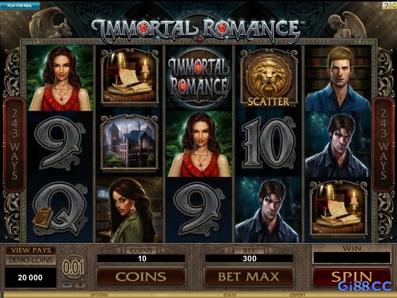 Hình ảnh gameplay cơ bản của game immortal romance, với 5 cuộn 3 hàng và nhiều mức cược.