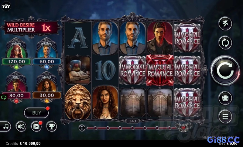Phiên bản Immortal Romance 2025 với đồ họa nâng cấp, hỗ trợ jackpot và tính năng mua vòng quay bonus.
