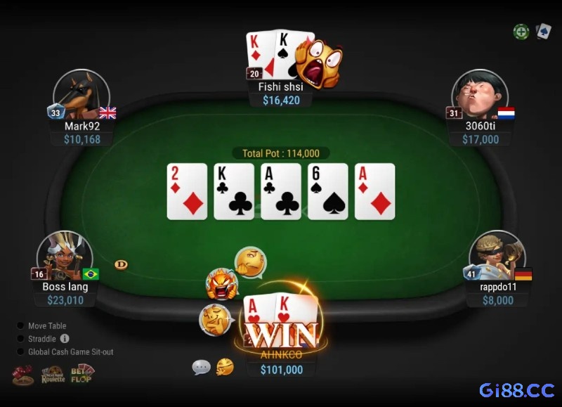 Thắng thua trong poker được xác định bằng độ lớn tổ hợp lá bài sau 4 vòng cược tố